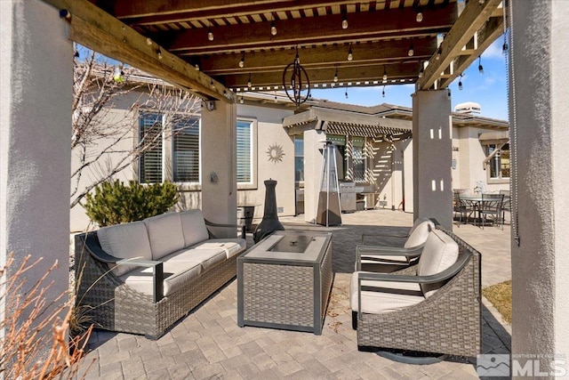 view of patio / terrace with outdoor dining area, outdoor lounge area, and a pergola