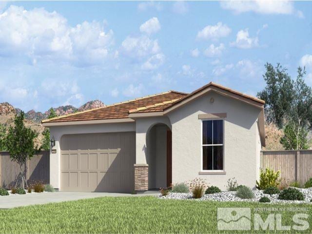 view of front of house featuring an attached garage, fence, concrete driveway, stucco siding, and a front yard