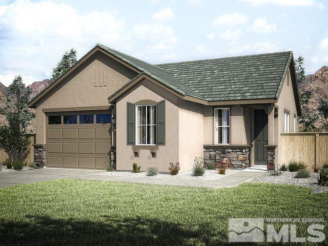 ranch-style home with a garage, driveway, stone siding, stucco siding, and a front lawn