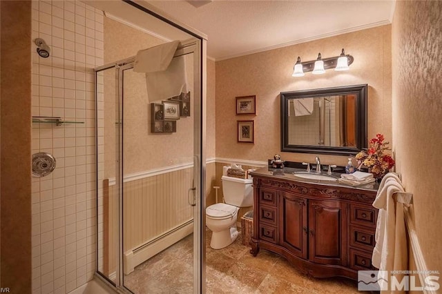 full bathroom featuring toilet, a stall shower, ornamental molding, and baseboard heating