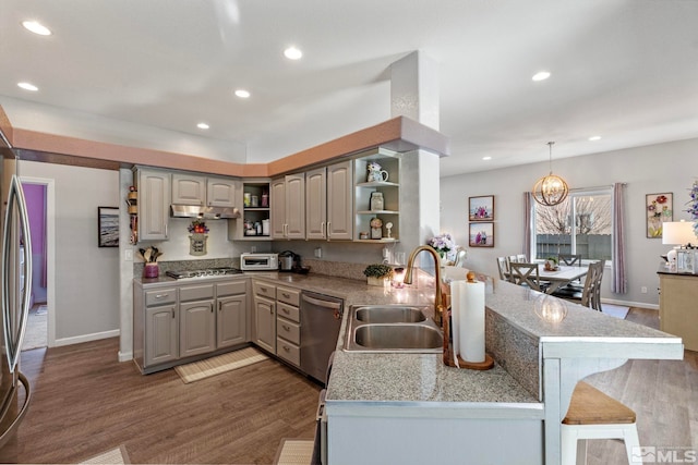 kitchen with open shelves, appliances with stainless steel finishes, a sink, wood finished floors, and under cabinet range hood