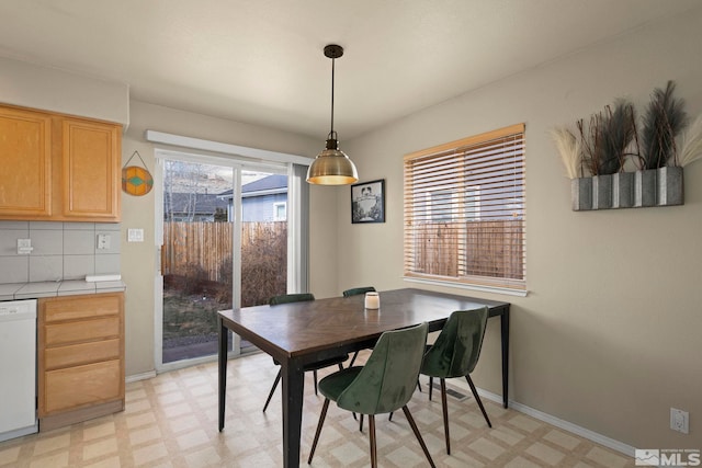 dining room with light floors and baseboards