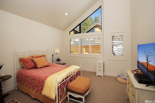 bedroom featuring carpet, baseboards, vaulted ceiling, and recessed lighting