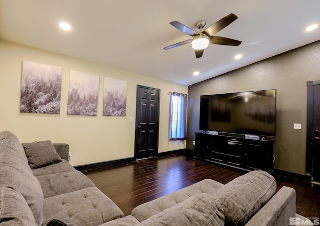 living room featuring recessed lighting, ceiling fan, vaulted ceiling, baseboards, and hardwood / wood-style flooring