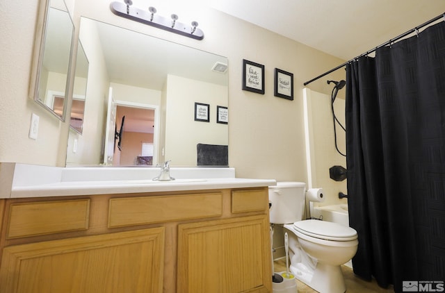 bathroom with visible vents, shower / bath combination with curtain, vanity, and toilet