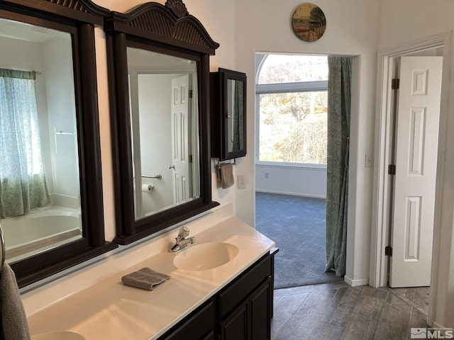 bathroom featuring wood finished floors, a sink, baseboards, and double vanity