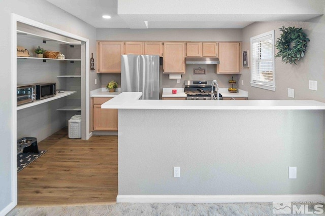 kitchen with under cabinet range hood, light brown cabinets, appliances with stainless steel finishes, and light countertops