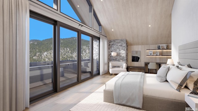 bedroom with light wood finished floors, recessed lighting, high vaulted ceiling, wooden ceiling, and beamed ceiling