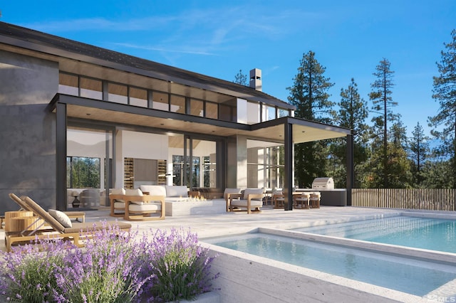 rear view of property featuring a fenced in pool, a patio, fence, exterior kitchen, and an outdoor living space