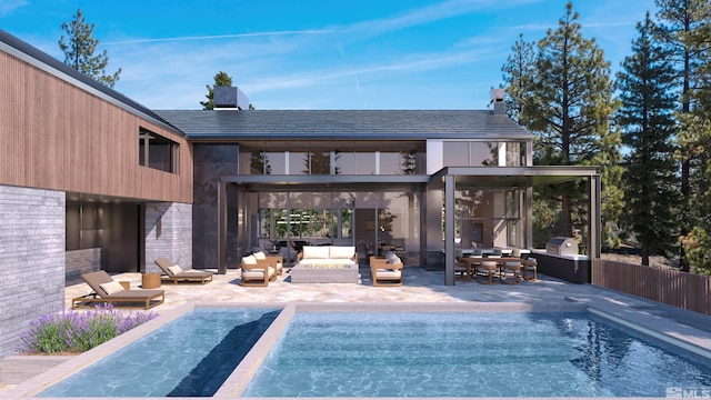 exterior space with a fenced in pool, a patio area, and an outdoor hangout area