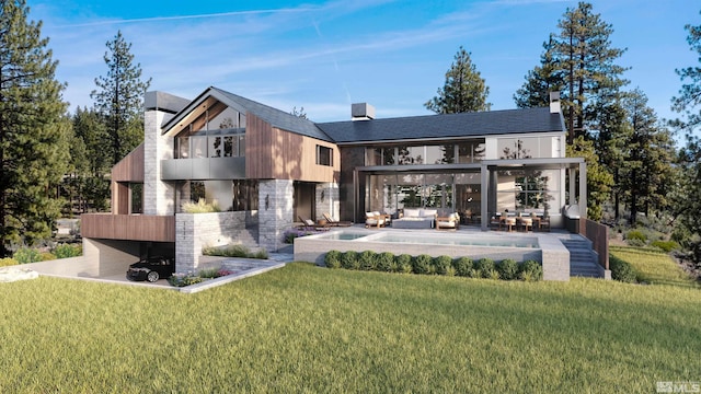 rear view of property with a lawn, a chimney, and a balcony