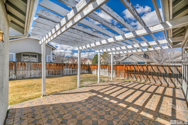 view of patio / terrace featuring a fenced backyard and a pergola