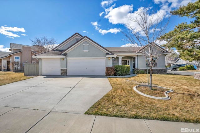 ranch-style home with a front yard, driveway, stucco siding, stone siding, and a garage