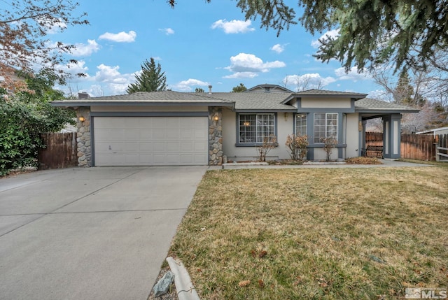 ranch-style home featuring stucco siding, driveway, fence, a front yard, and a garage