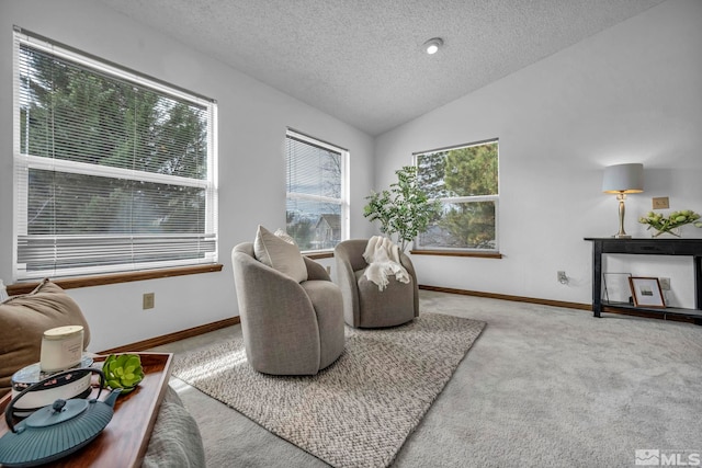 living area featuring baseboards, lofted ceiling, a textured ceiling, and carpet flooring