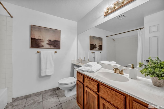 full bathroom with visible vents, toilet, tile patterned floors, shower / bath combination with curtain, and vanity