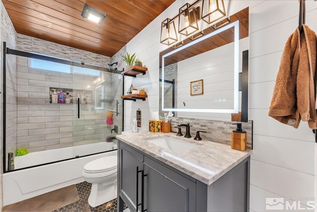 bathroom featuring toilet, backsplash, enclosed tub / shower combo, wood ceiling, and vanity