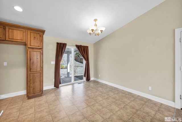 unfurnished dining area with visible vents, baseboards, lofted ceiling, recessed lighting, and a notable chandelier