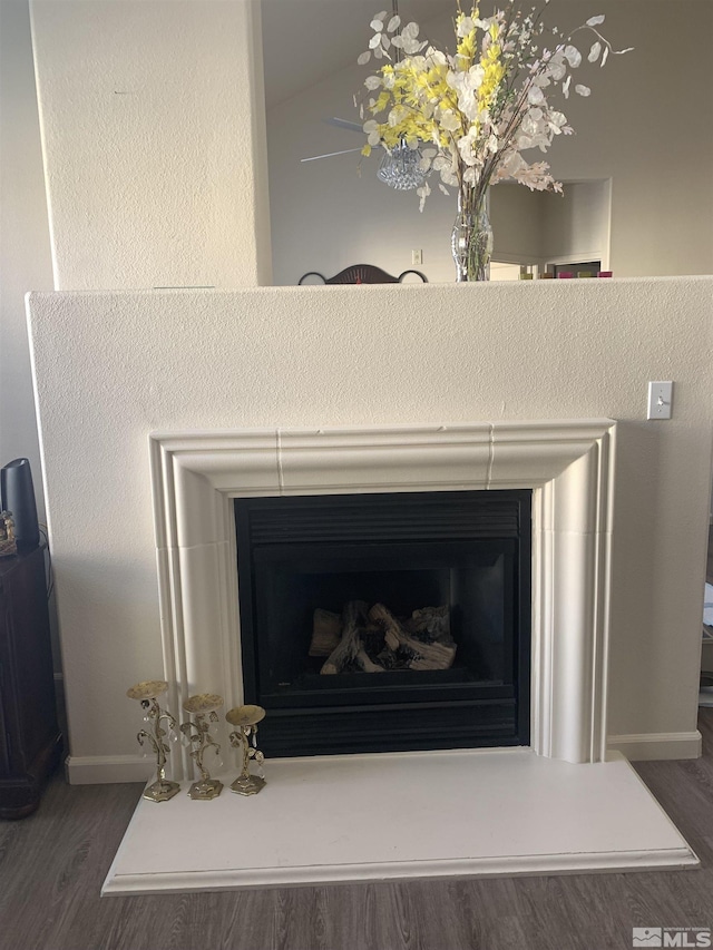 details featuring a fireplace, baseboards, and wood finished floors