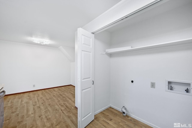 laundry room with wood finished floors, baseboards, hookup for an electric dryer, hookup for a washing machine, and laundry area