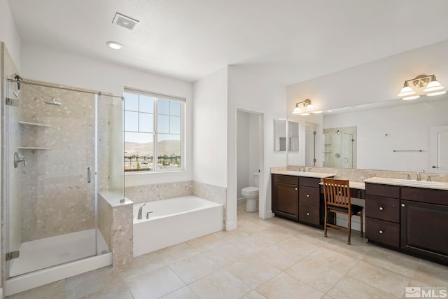 full bath featuring visible vents, toilet, a stall shower, a bath, and vanity