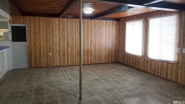 below grade area with wooden walls and wooden ceiling