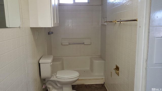 full bath featuring toilet, tile walls, and walk in shower