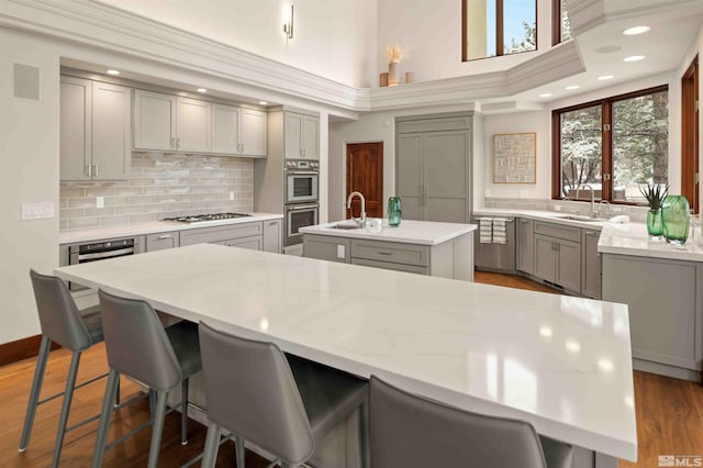 kitchen with a kitchen island with sink, a sink, gray cabinetry, appliances with stainless steel finishes, and a kitchen breakfast bar