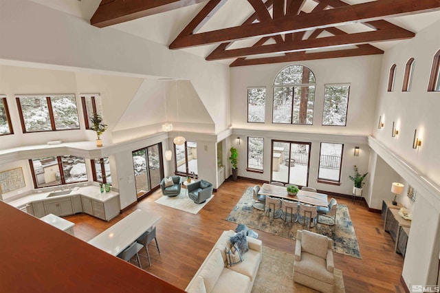 living area featuring light wood finished floors, beamed ceiling, and high vaulted ceiling