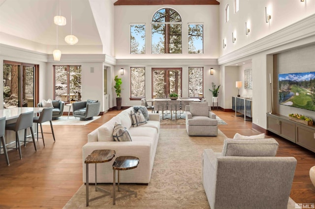 living room with baseboards, a towering ceiling, and wood finished floors