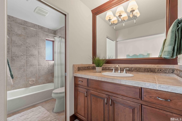 full bathroom with visible vents, toilet, shower / bath combo, tile patterned flooring, and vanity