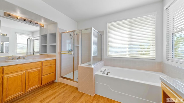 bathroom featuring plenty of natural light, a stall shower, vanity, and wood finished floors