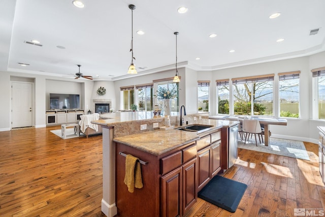 kitchen featuring a sink, visible vents, plenty of natural light, and an island with sink