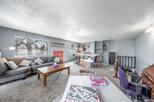 living room featuring a textured ceiling and carpet floors