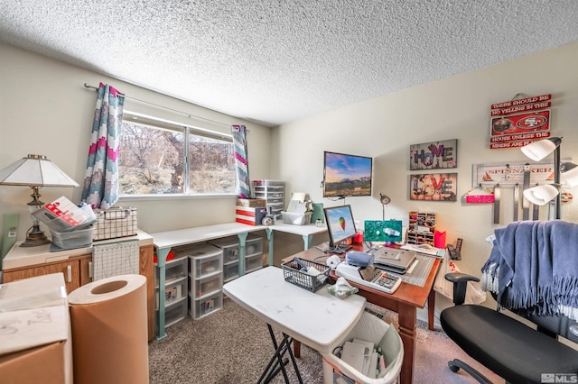 carpeted office with a textured ceiling