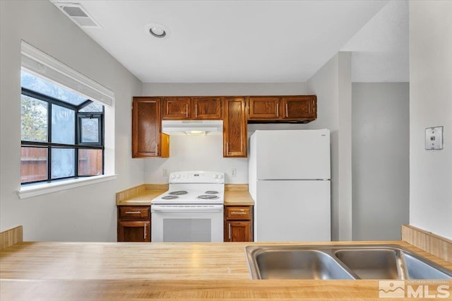 kitchen featuring visible vents, under cabinet range hood, light countertops, white appliances, and a sink