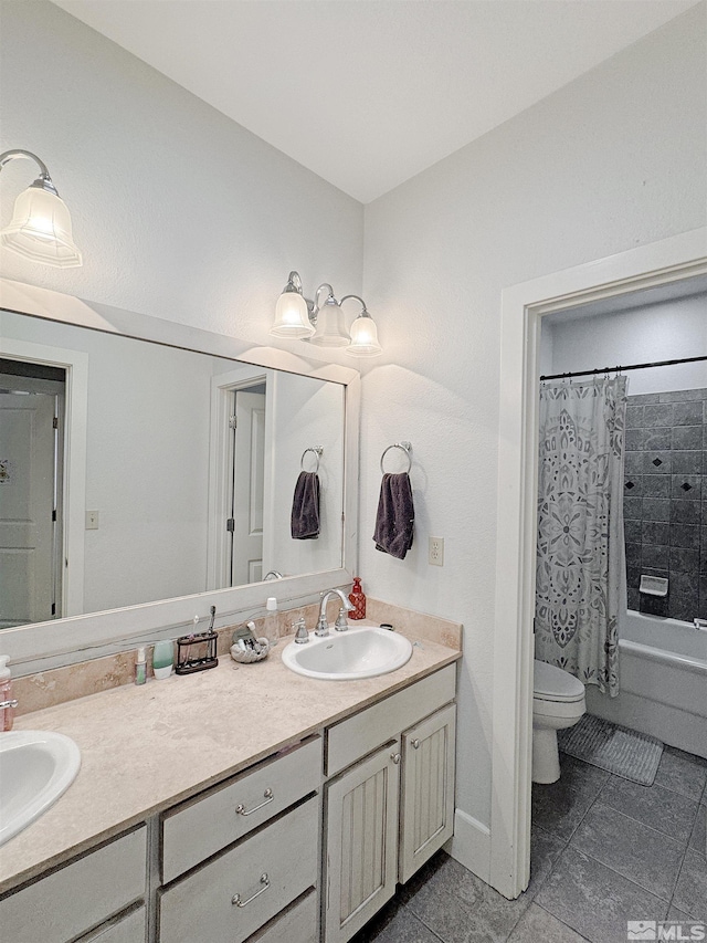 full bathroom with double vanity, toilet, shower / tub combo with curtain, and a sink