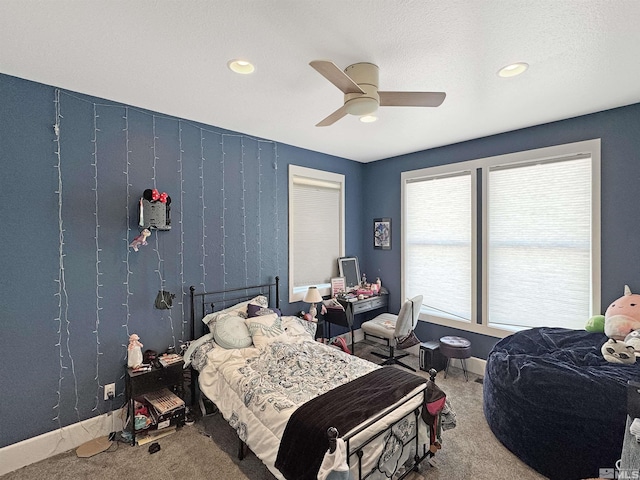 bedroom featuring recessed lighting, carpet, baseboards, and ceiling fan