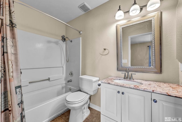 bathroom with visible vents, toilet, shower / bath combo, tile patterned flooring, and vanity