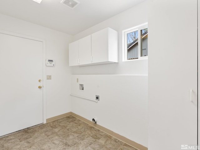 laundry room featuring hookup for a washing machine, visible vents, hookup for an electric dryer, baseboards, and cabinet space