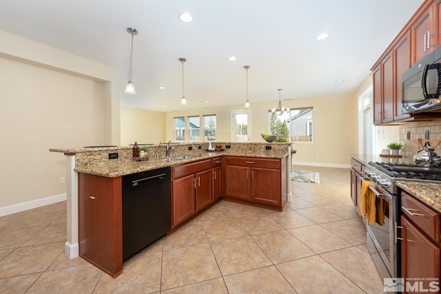 kitchen featuring black appliances, a sink, light stone counters, light tile patterned floors, and decorative backsplash