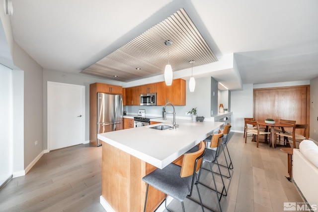 kitchen with a sink, light countertops, light wood-style flooring, and stainless steel appliances