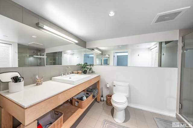 bathroom with tile patterned floors, visible vents, toilet, a stall shower, and backsplash