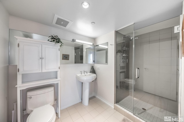 full bathroom with visible vents, toilet, a stall shower, and tile patterned flooring