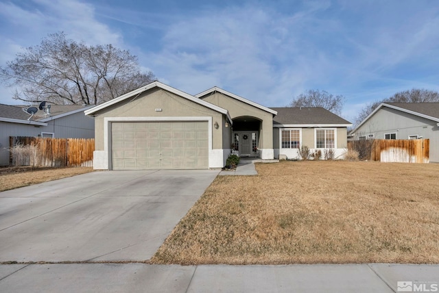 ranch-style house featuring stucco siding, concrete driveway, a garage, and fence