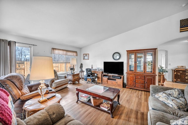 living area featuring light wood finished floors and vaulted ceiling