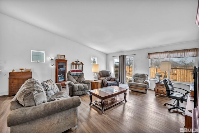 living room with vaulted ceiling and wood finished floors