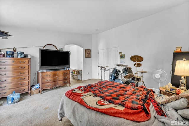 bedroom featuring carpet and arched walkways