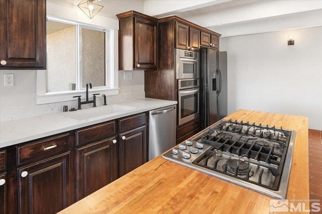 kitchen featuring dark brown cabinets, stainless steel appliances, wood counters, and a sink