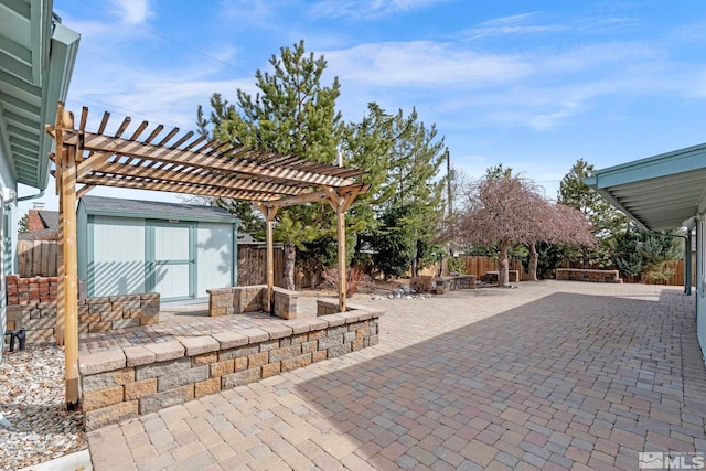 view of patio / terrace with a storage shed, an outbuilding, a fenced backyard, and a pergola